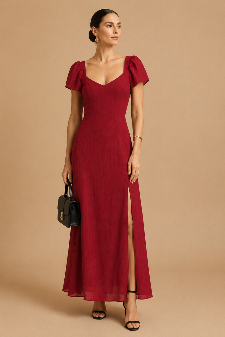 Red Sweetheart Neck Jacquard Maxi Dress