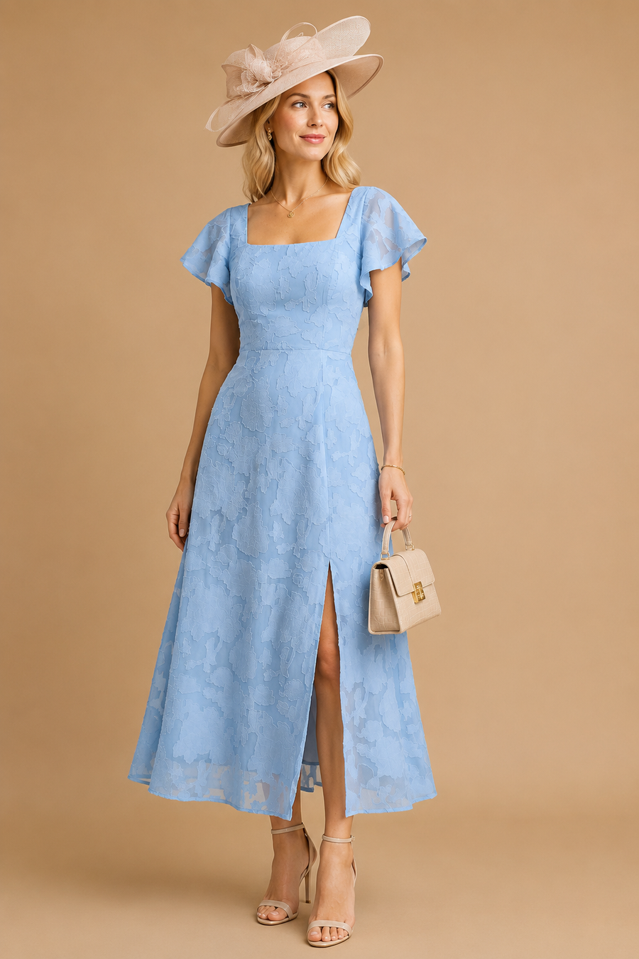 Blue Floral Square Neck Midi Dress