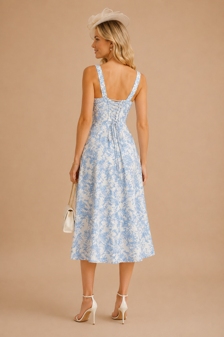 Blue Floral Ruched Slip Midi Dress
