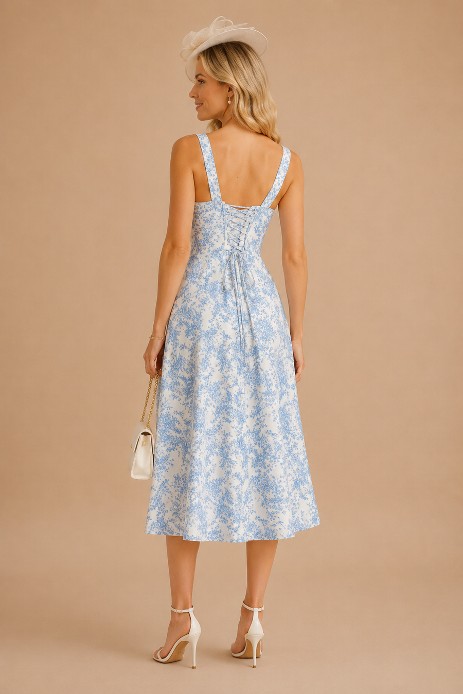 Blue Floral Ruched Slip Midi Dress