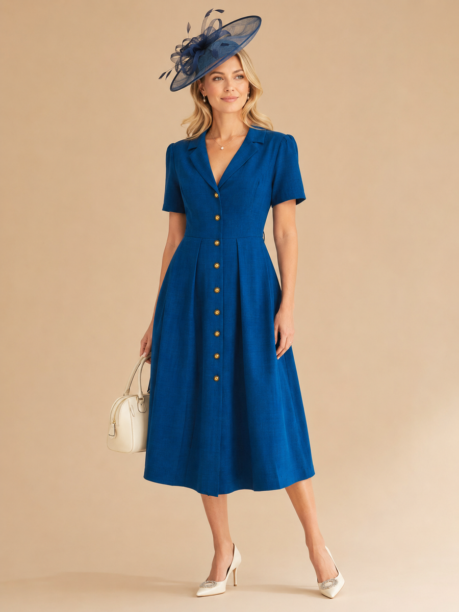 Blue V Neck Pleated Button Midi Dress