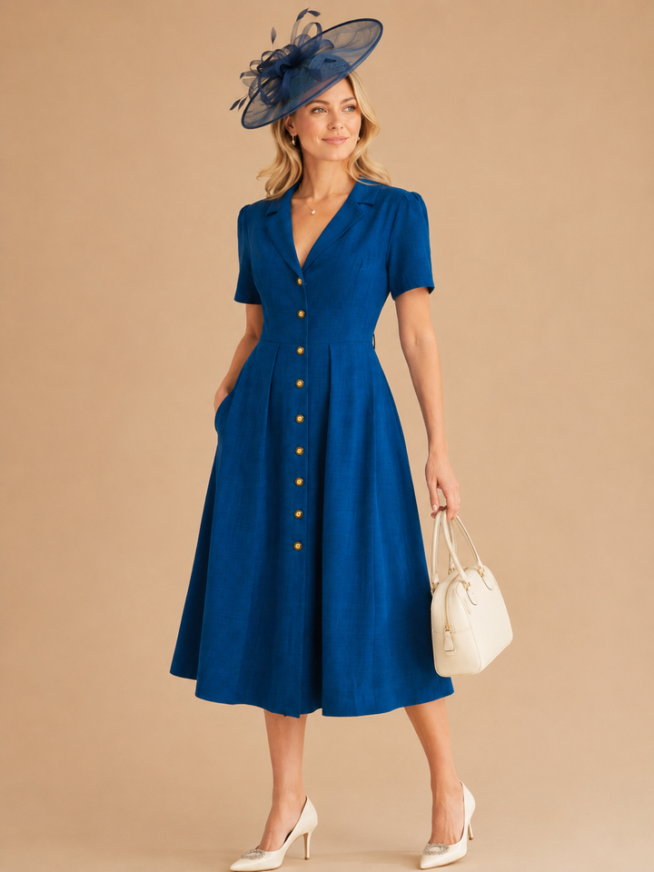 Blue V Neck Pleated Button Midi Dress