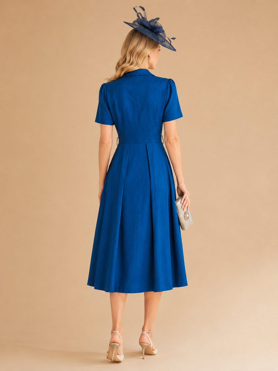 Blue V Neck Pleated Button Midi Dress
