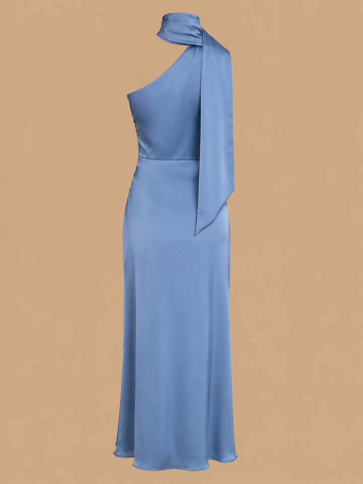 Blue One Shoulder A-Line Satin Maxi Dress
