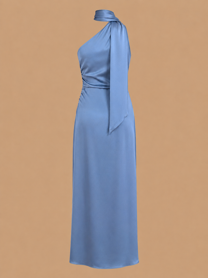 Blue One Shoulder A-Line Satin Maxi Dress
