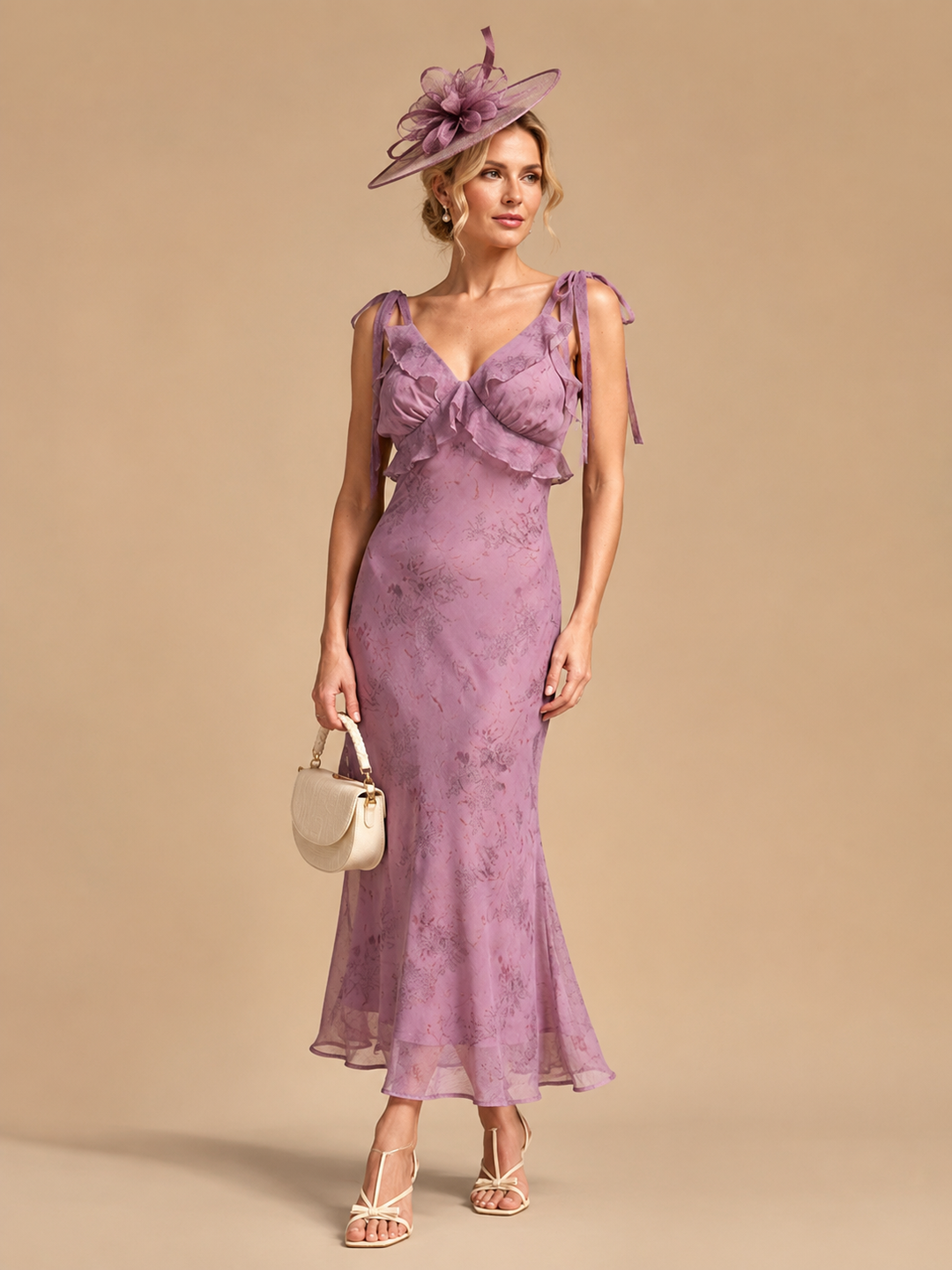 Purple Floral Ruffle Tie Strap Midi Dress