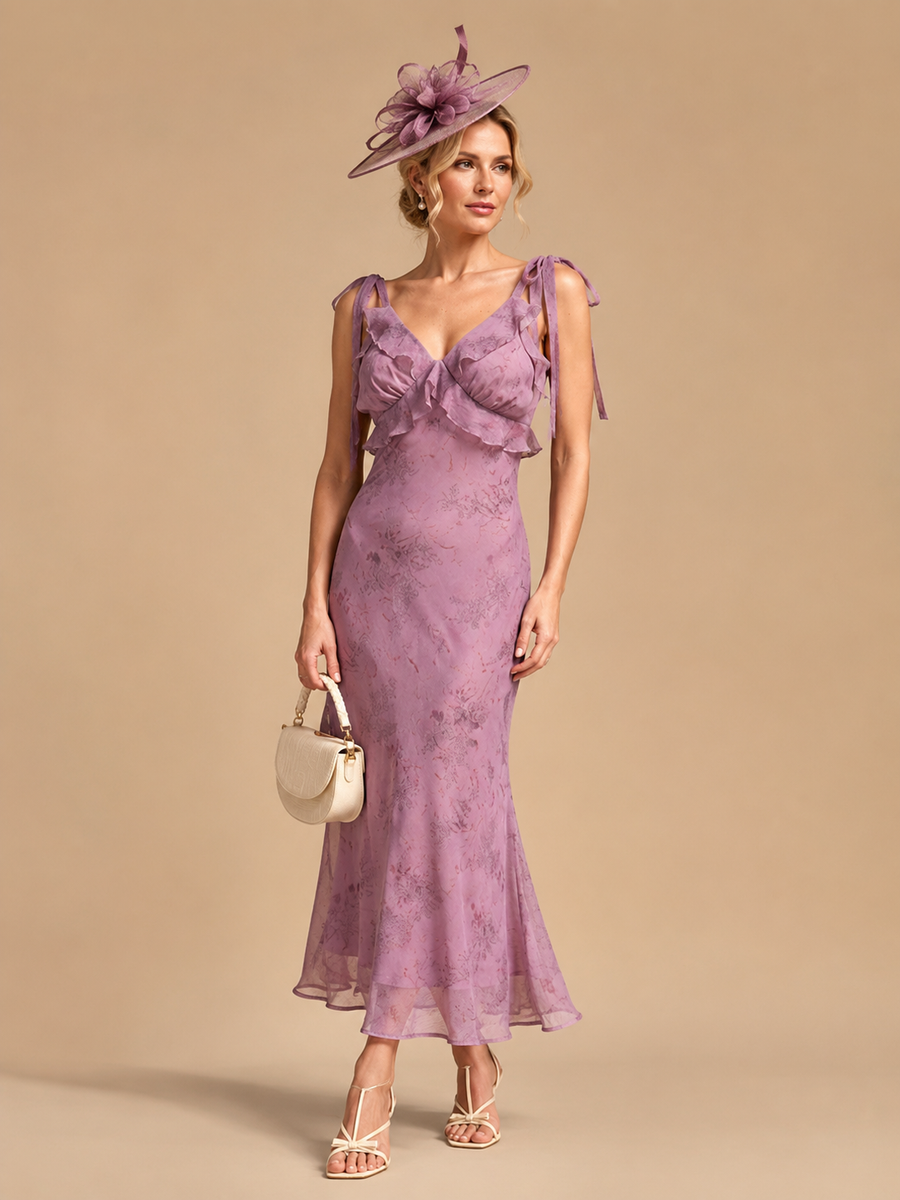 Purple Floral Ruffle Tie Strap Midi Dress