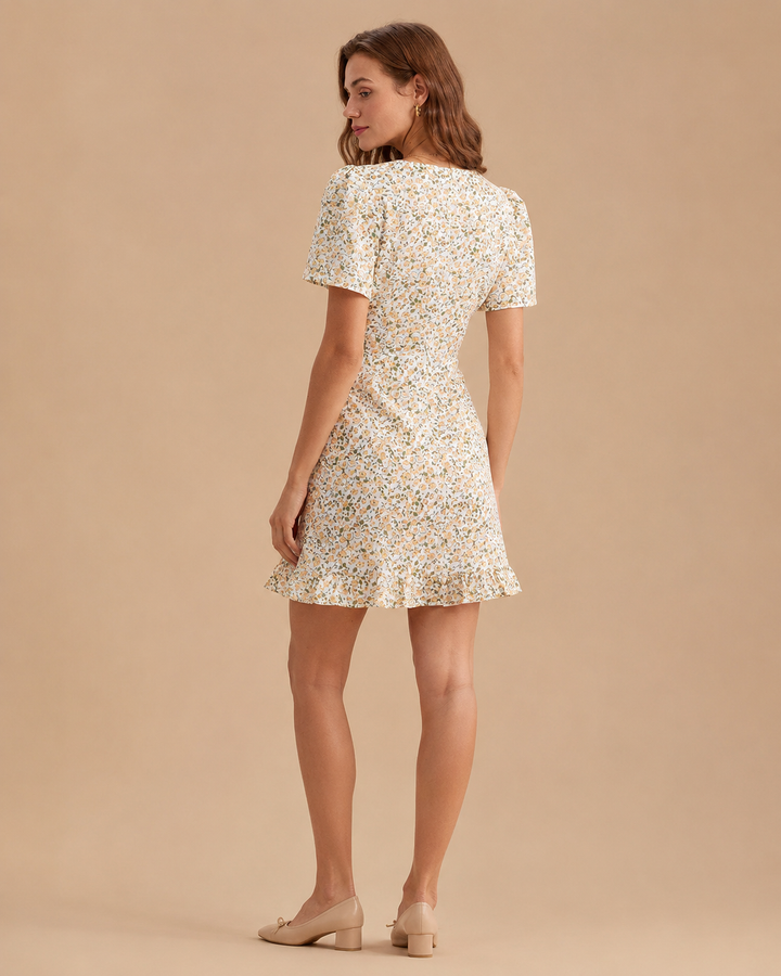 Yellow Floral V-Neck Mini Dress