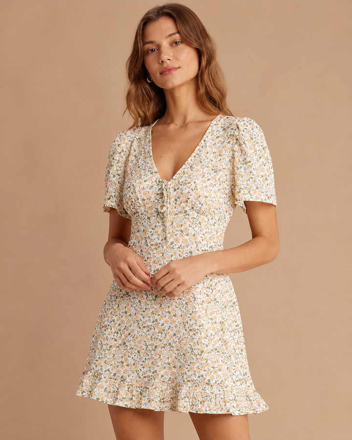 Yellow Floral V-Neck Mini Dress