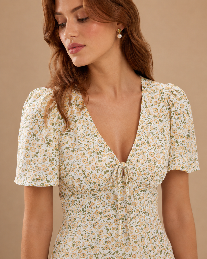 Yellow Floral V-Neck Mini Dress