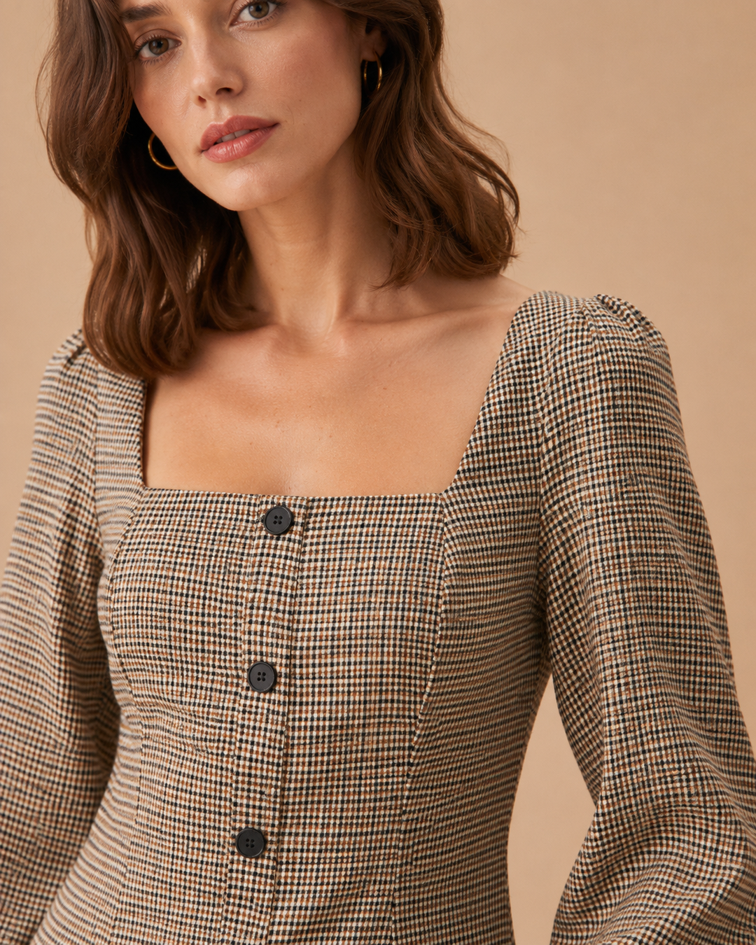 The Khaki Square Neck Plaid Button Mini Dress