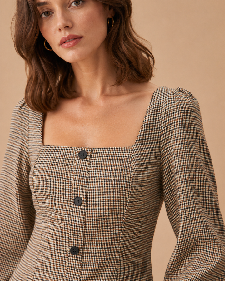 The Khaki Square Neck Plaid Button Mini Dress