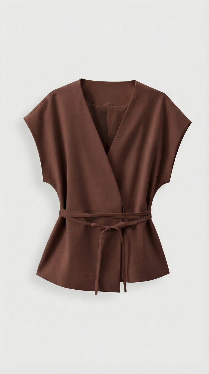 Epure - V-Neck Belted Sleeveless Top Brown