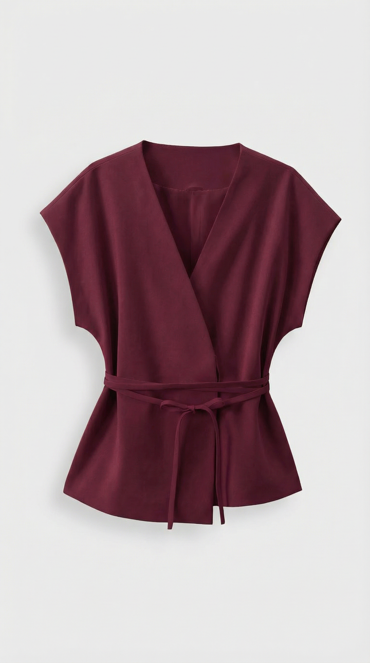Epure - V-Neck Belted Sleeveless Top Burgundy
