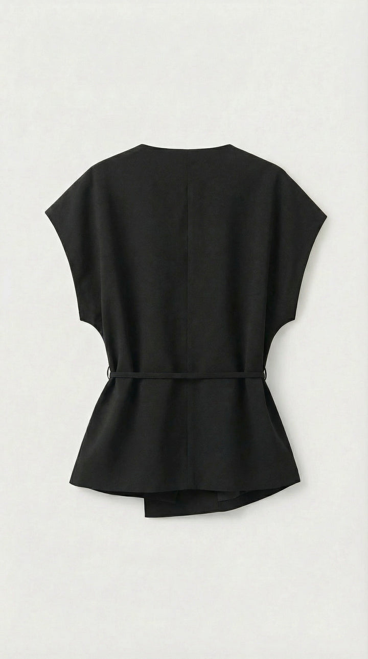Epure - V-Neck Belted Sleeveless Top Black
