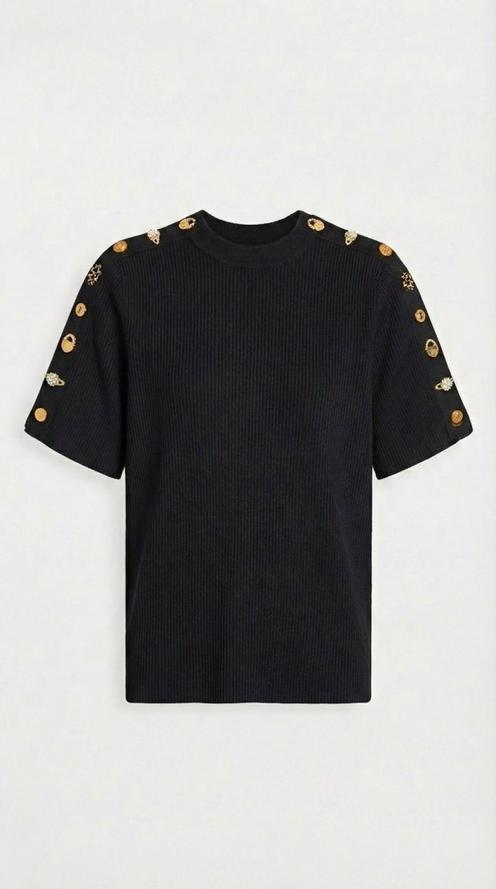 Avena - Metal Buckle Cotton Knitted T-shirt Black