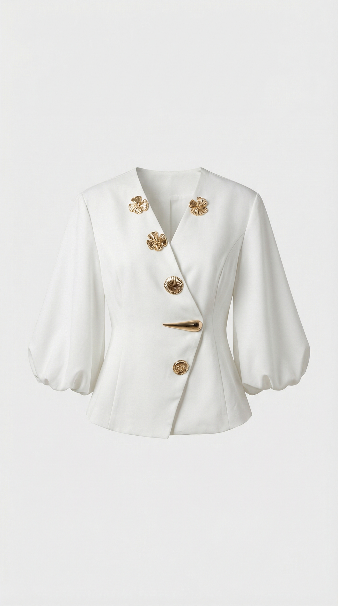 Keni - Metal-Button Puff-Sleeve Top White