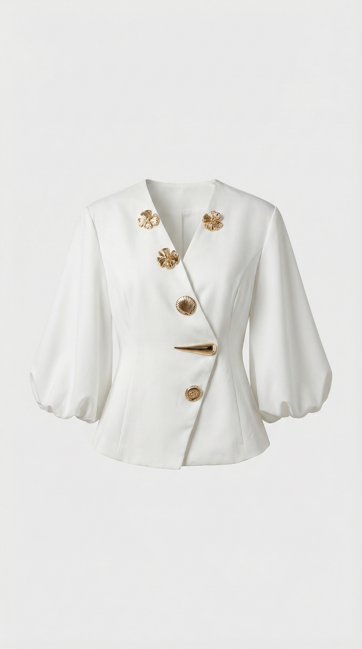 Keni - Metal-Button Puff-Sleeve Top White