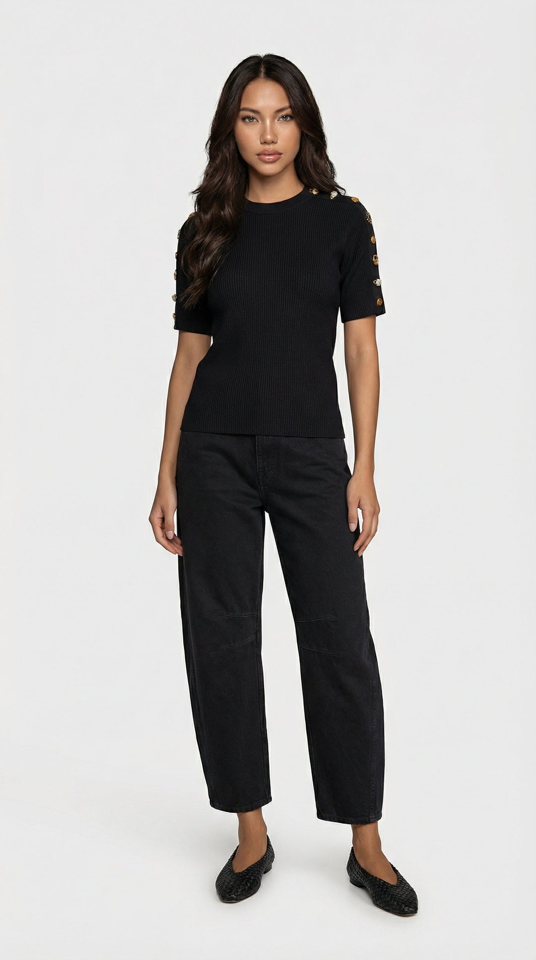 Avena - Metal Buckle Cotton Knitted T-shirt Black