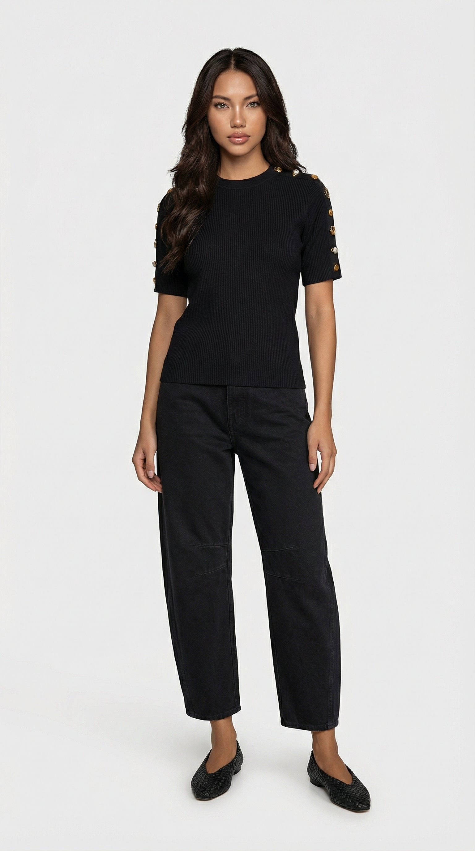 Avena - Metal Buckle Cotton Knitted T-shirt Black