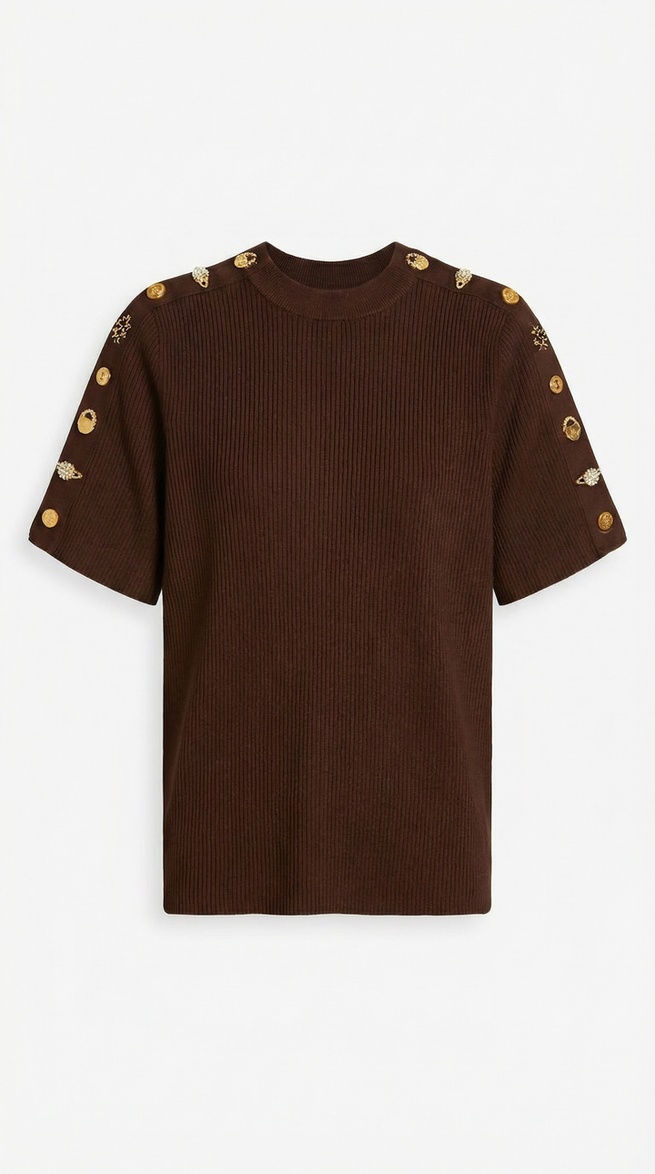 Avena - Metal Buckle Cotton Knitted T-shirt Brown