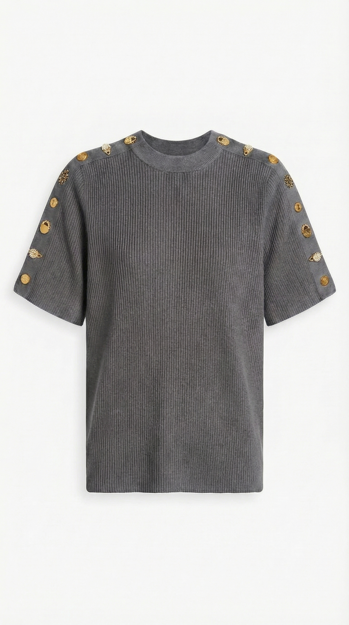 Avena - Metal Buckle Cotton Knitted T-shirt Gray