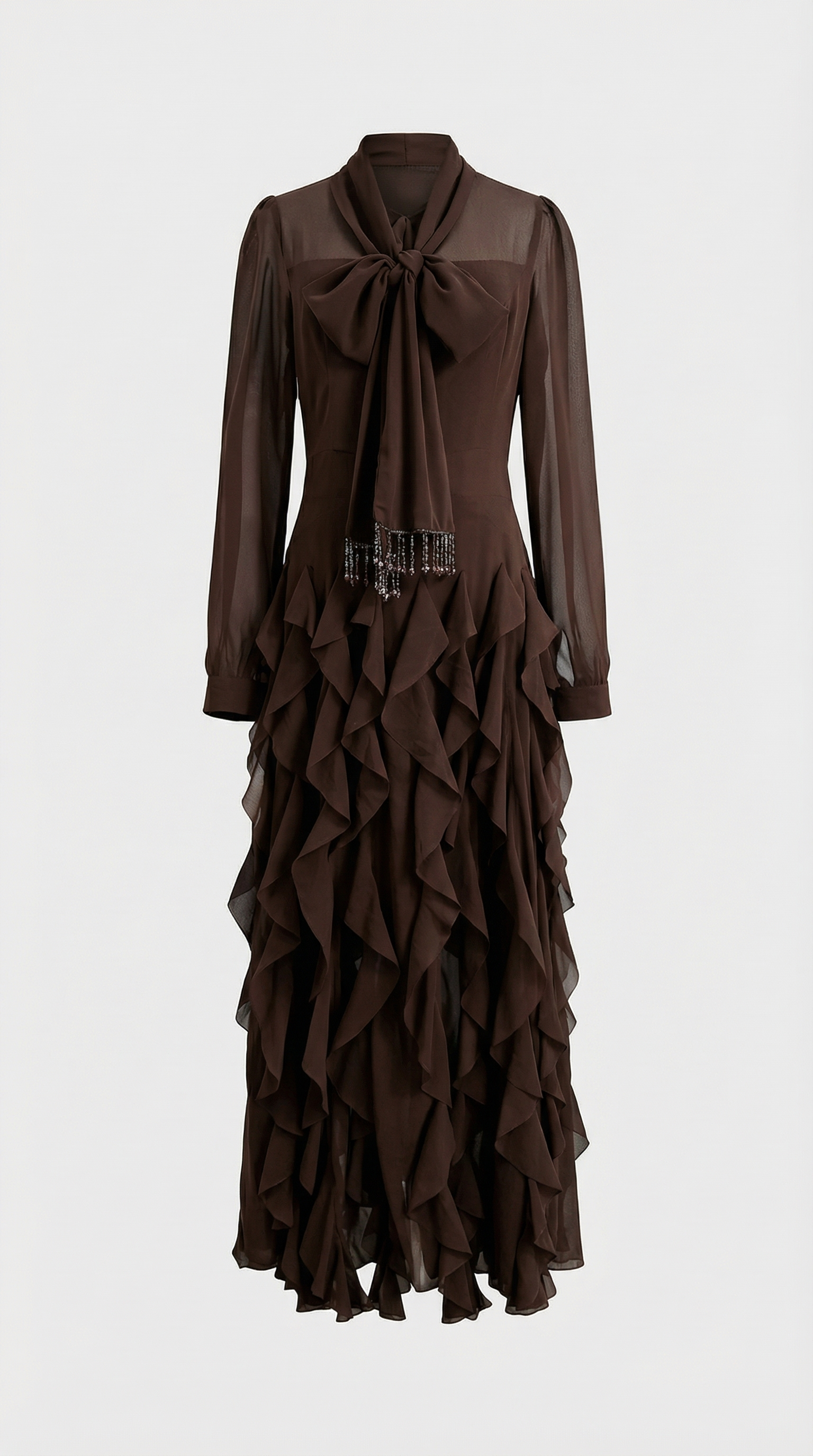 Zola - Tiered Ruffle Pussy-Bow Maxi Dress Brown