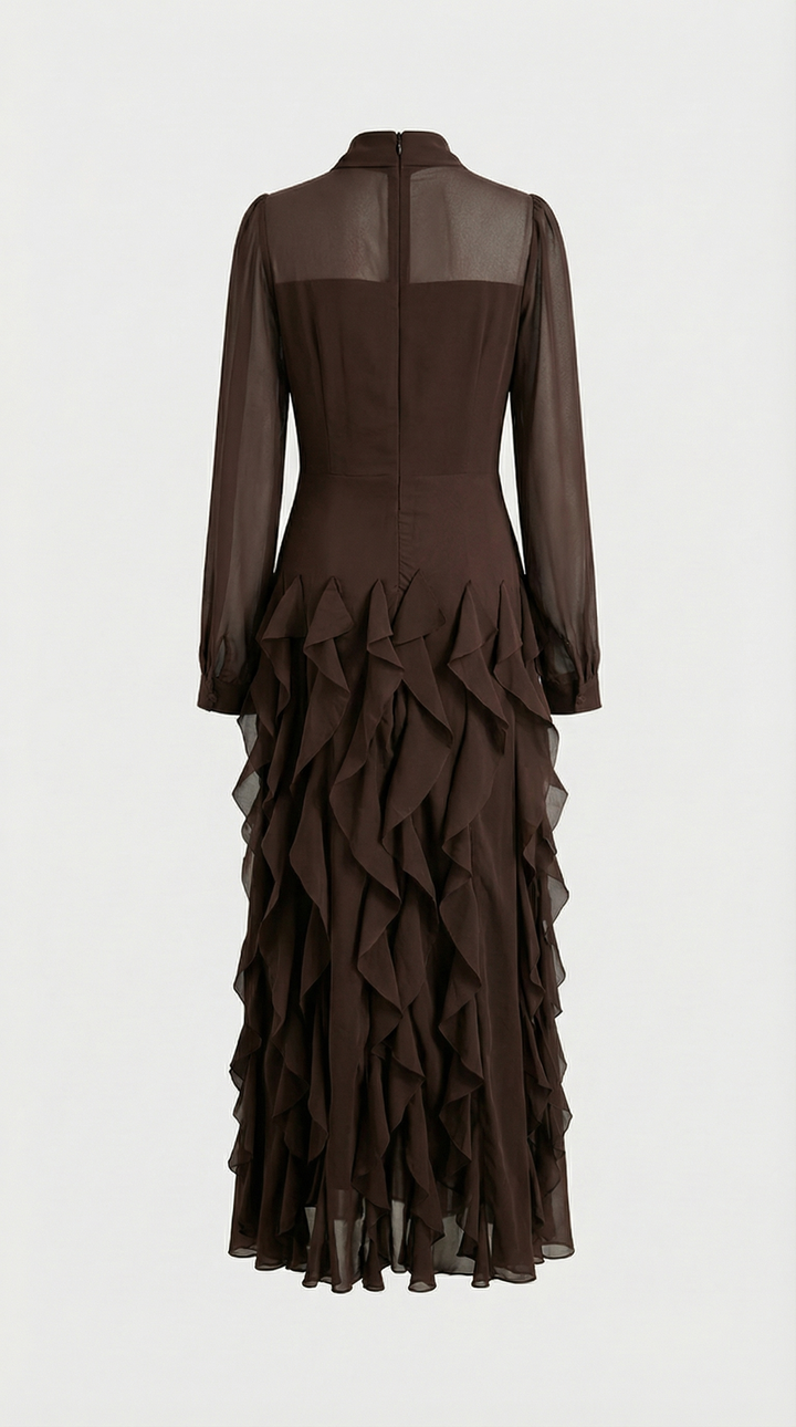 Zola - Tiered Ruffle Pussy-Bow Maxi Dress Brown