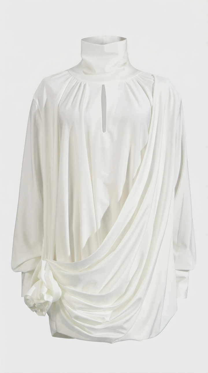 Vesa - Draped High-Neck Mini Dress with Rose Detail