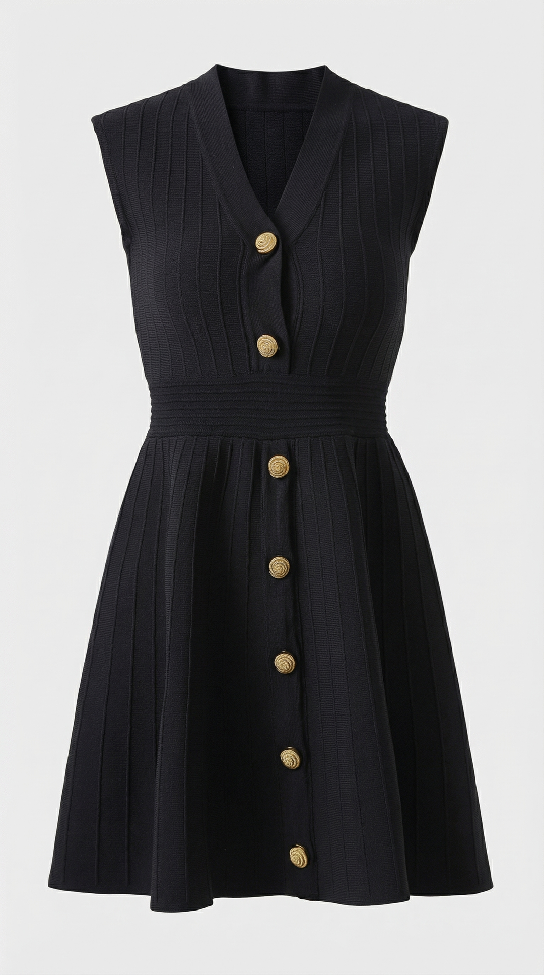 Mari - Ribbed Knit Button-Down Mini Dress Black