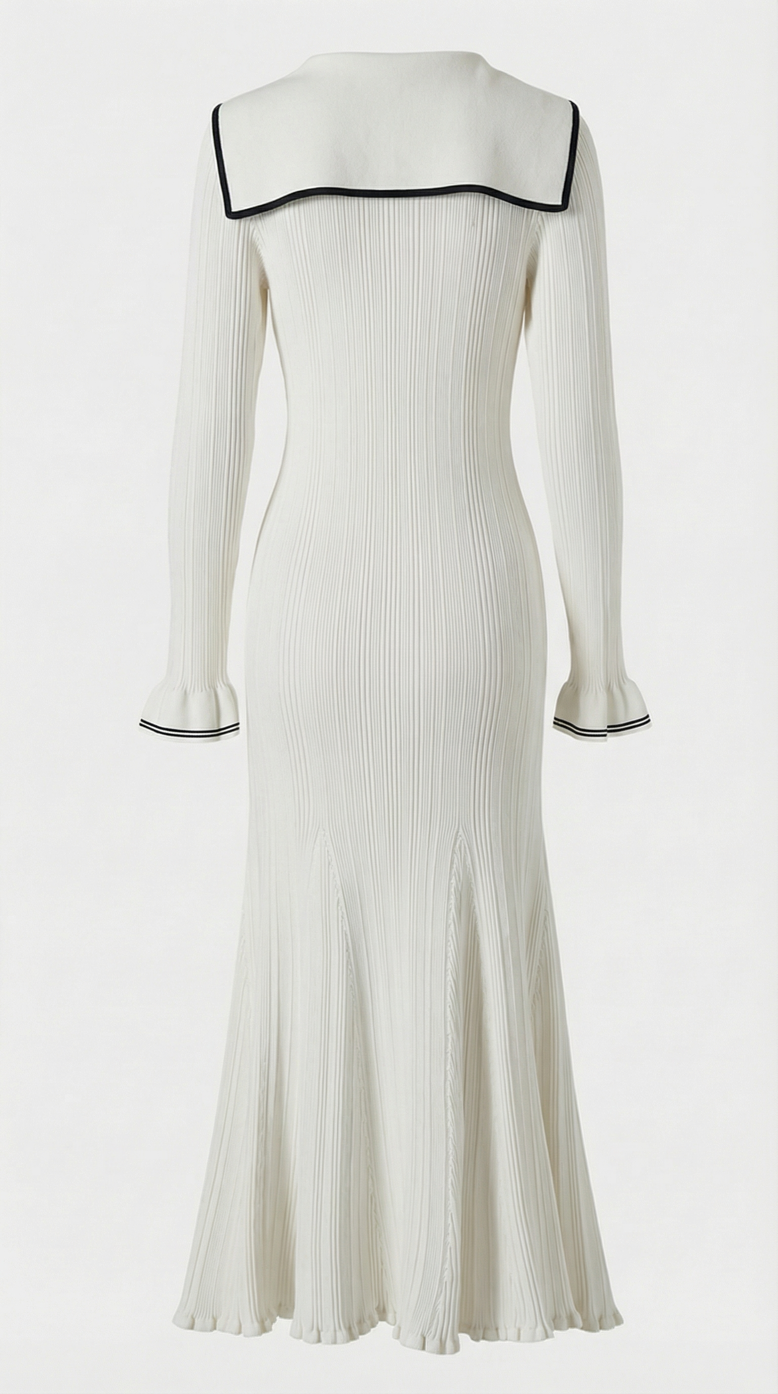 Lari - Ribbed Knit Sailor-Collar Maxi Dress White