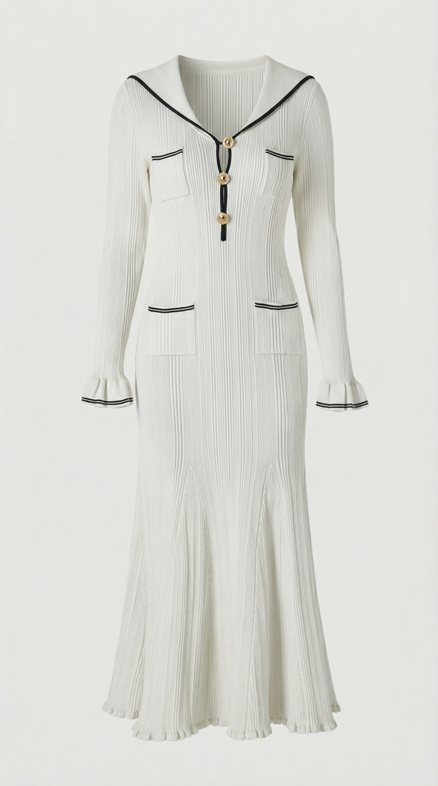 Lari - Ribbed Knit Sailor-Collar Maxi Dress White