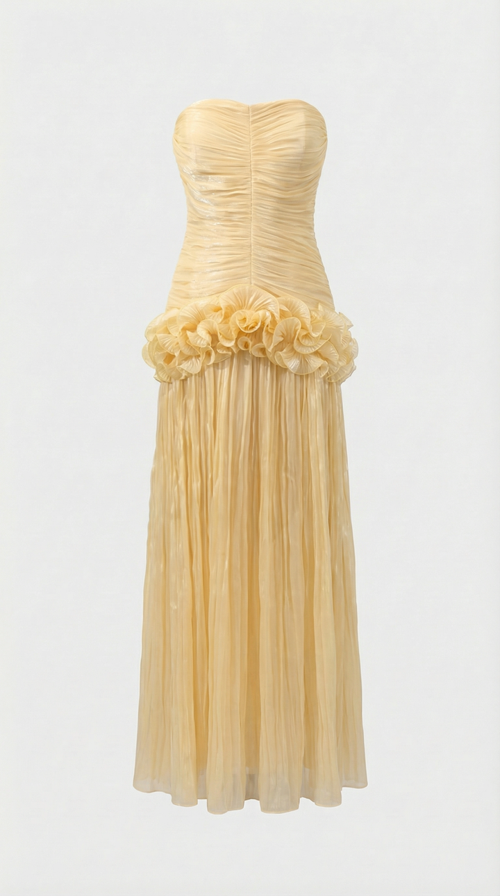 Miri - Metallic Pleated Strapless Maxi Dress Yellow