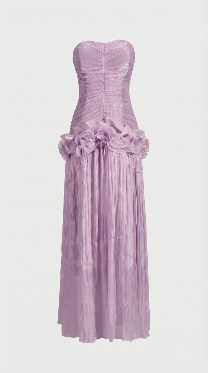 Miri - Metallic Pleated Strapless Maxi Dress Purple