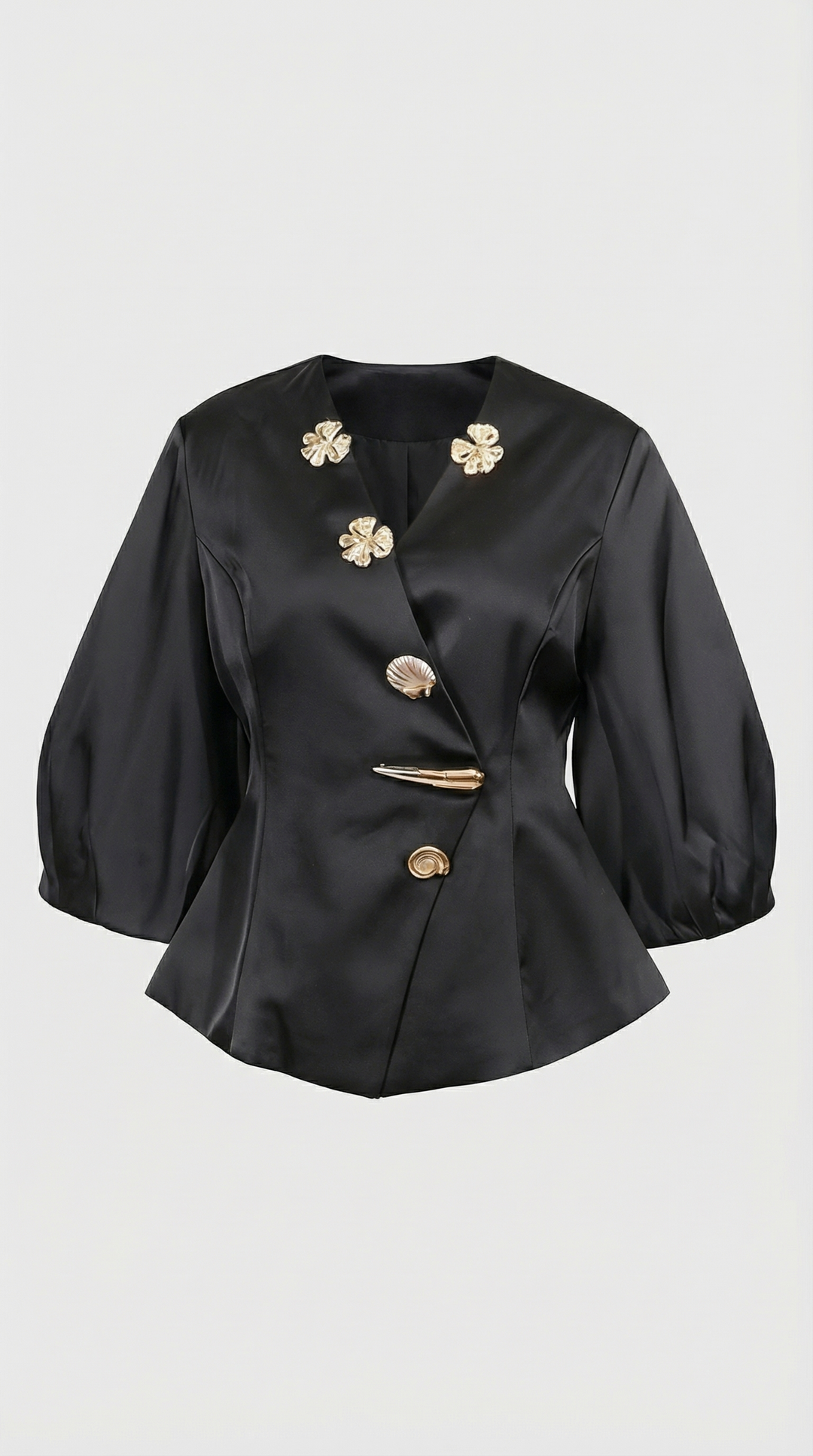 Keni - Metal-Button Puff-Sleeve Top Black