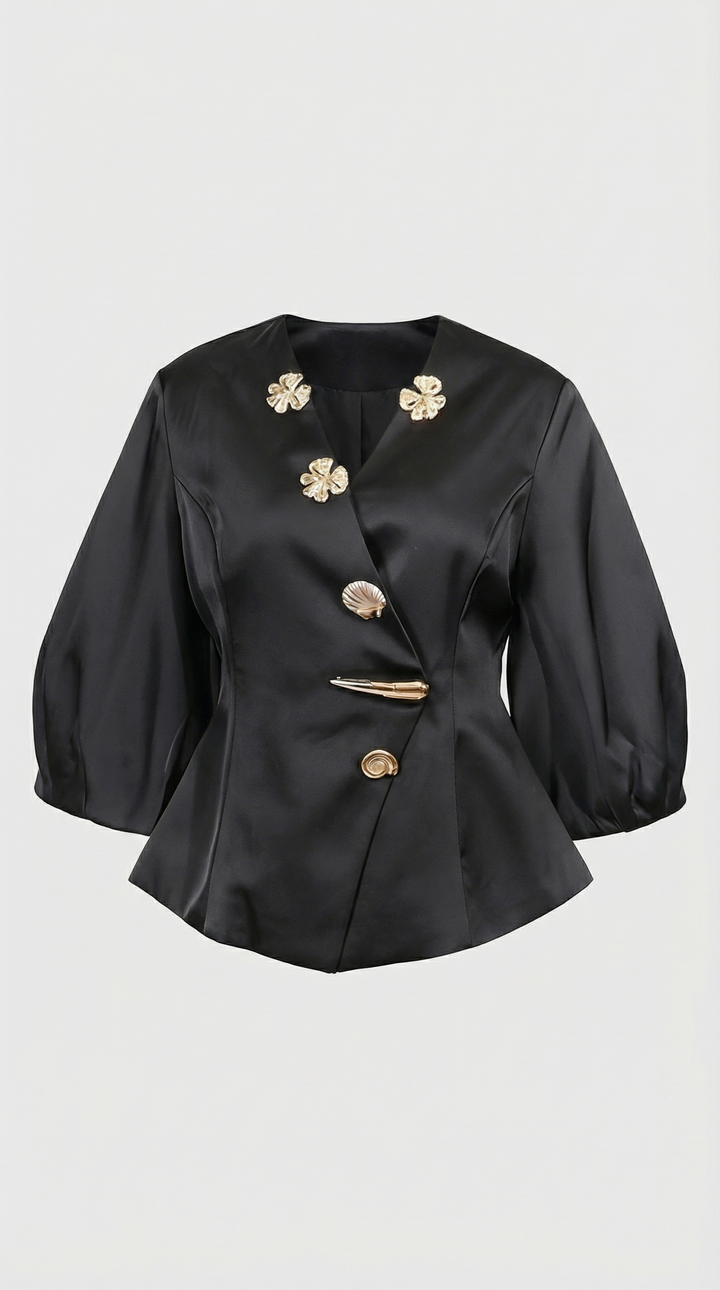 Keni - Metal-Button Puff-Sleeve Top Black