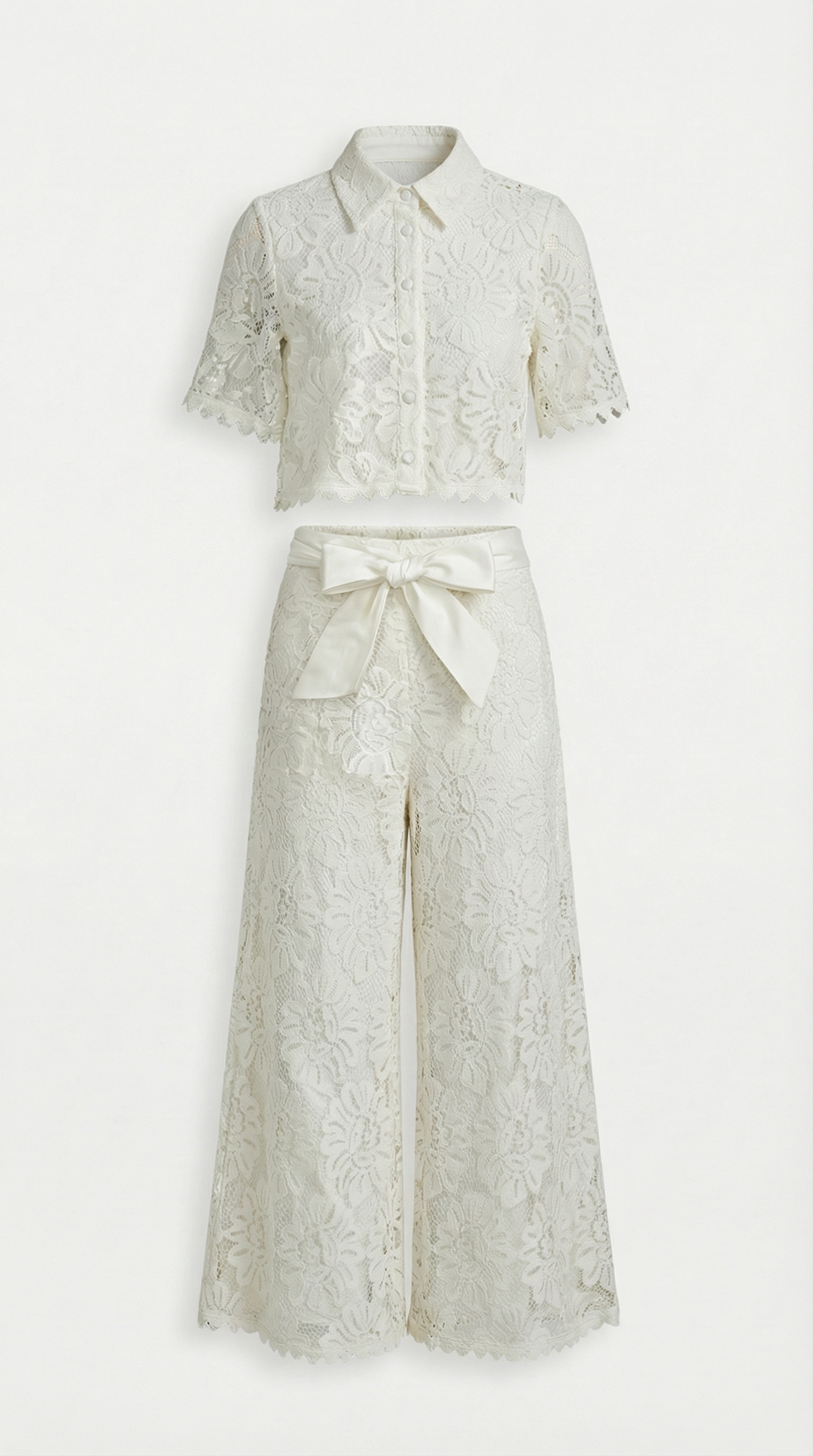 Senti - Cropped Lace Shirt & Wide-Leg Trouser Set White