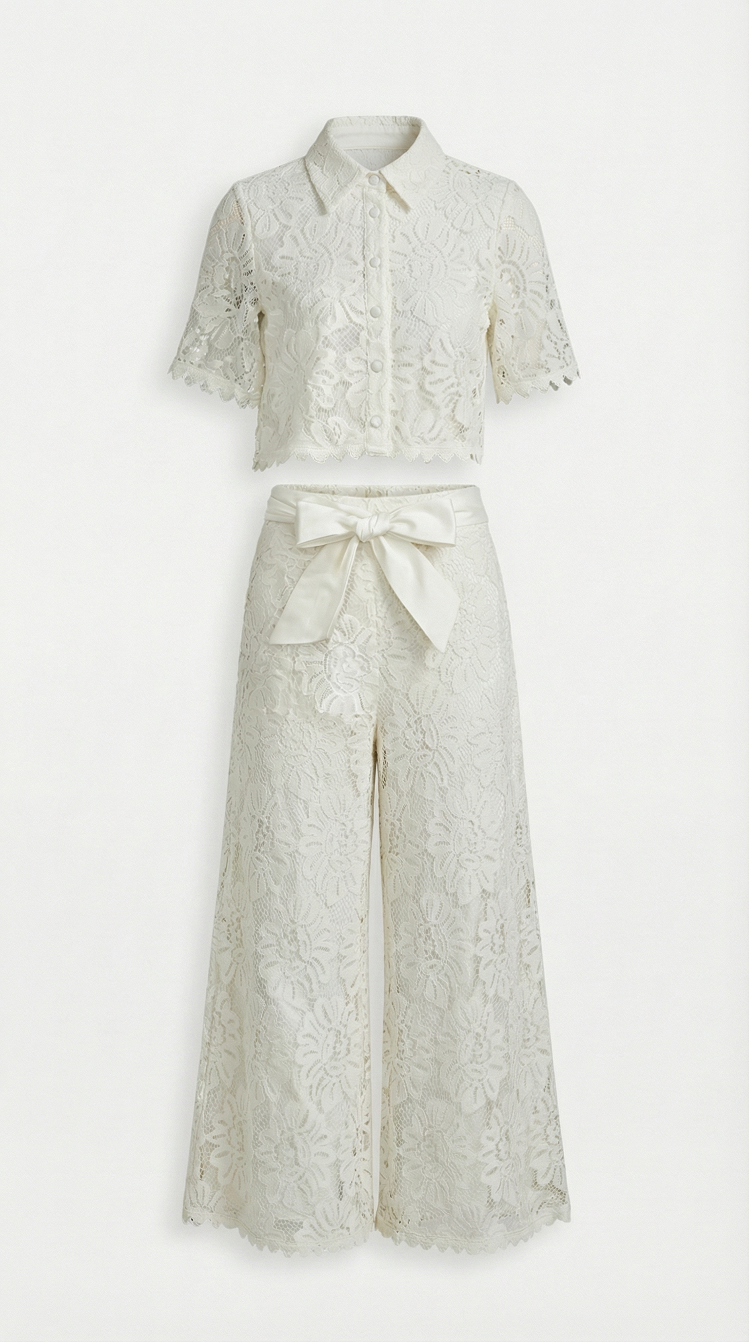Senti - Cropped Lace Shirt & Wide-Leg Trouser Set White