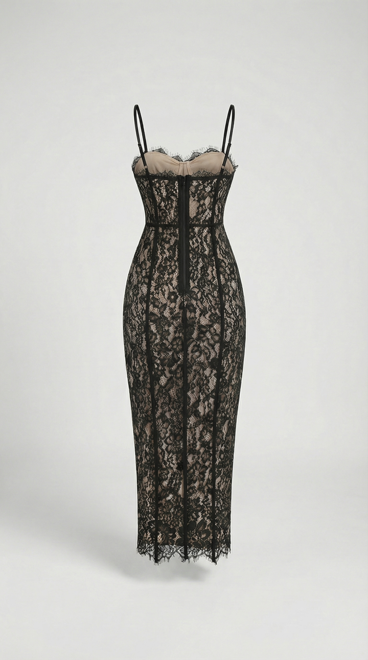 Lotri - Paneled Floral Lace Bustier Midi Dress