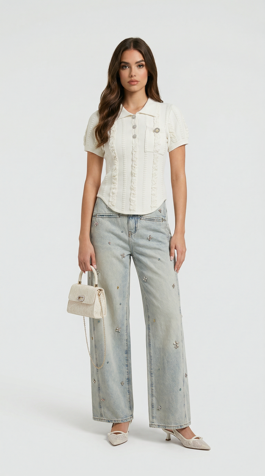 Eta - Ruffled Rib-Knit Polo Top