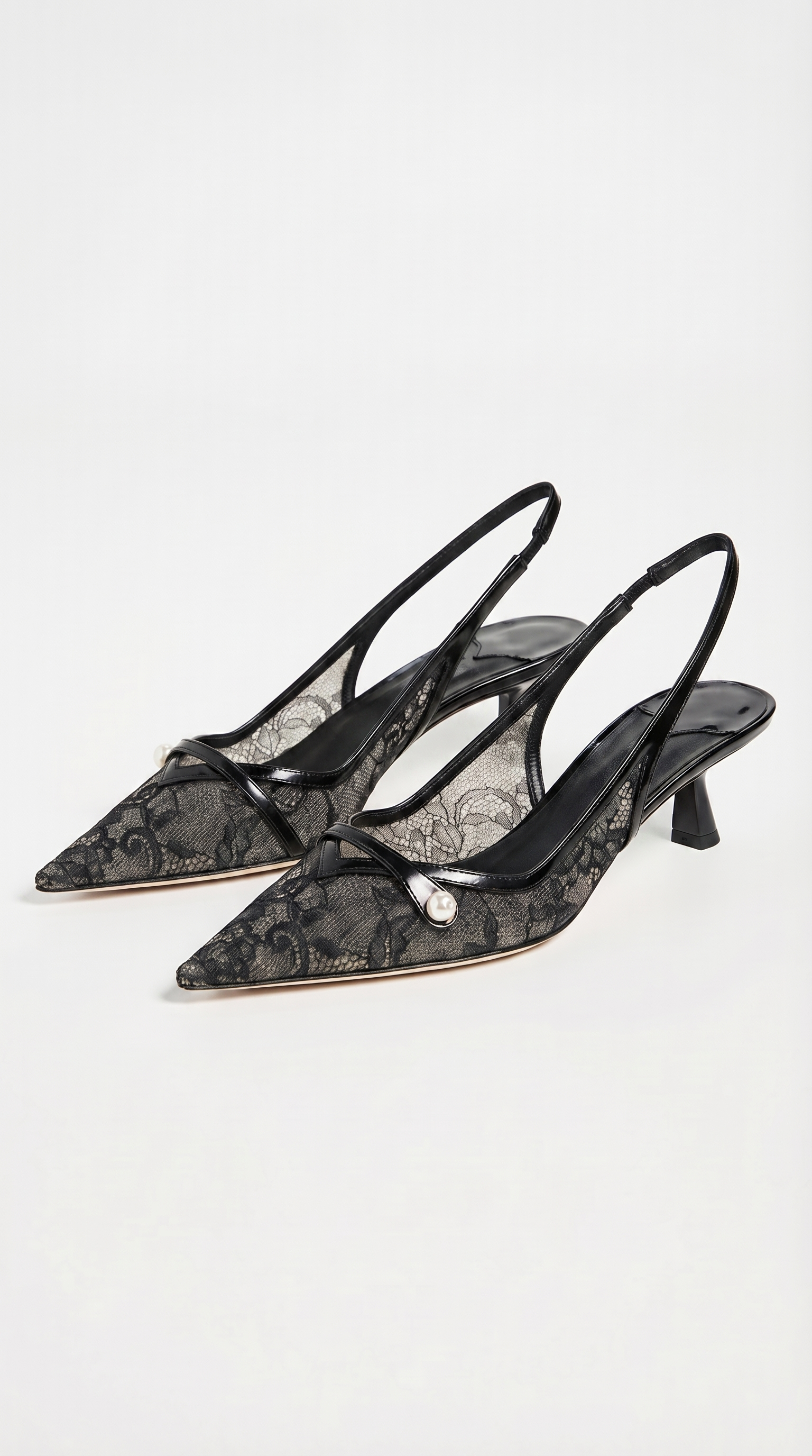 Camy - Lace-Paneled Pearl Slingback Kitten Heel Black