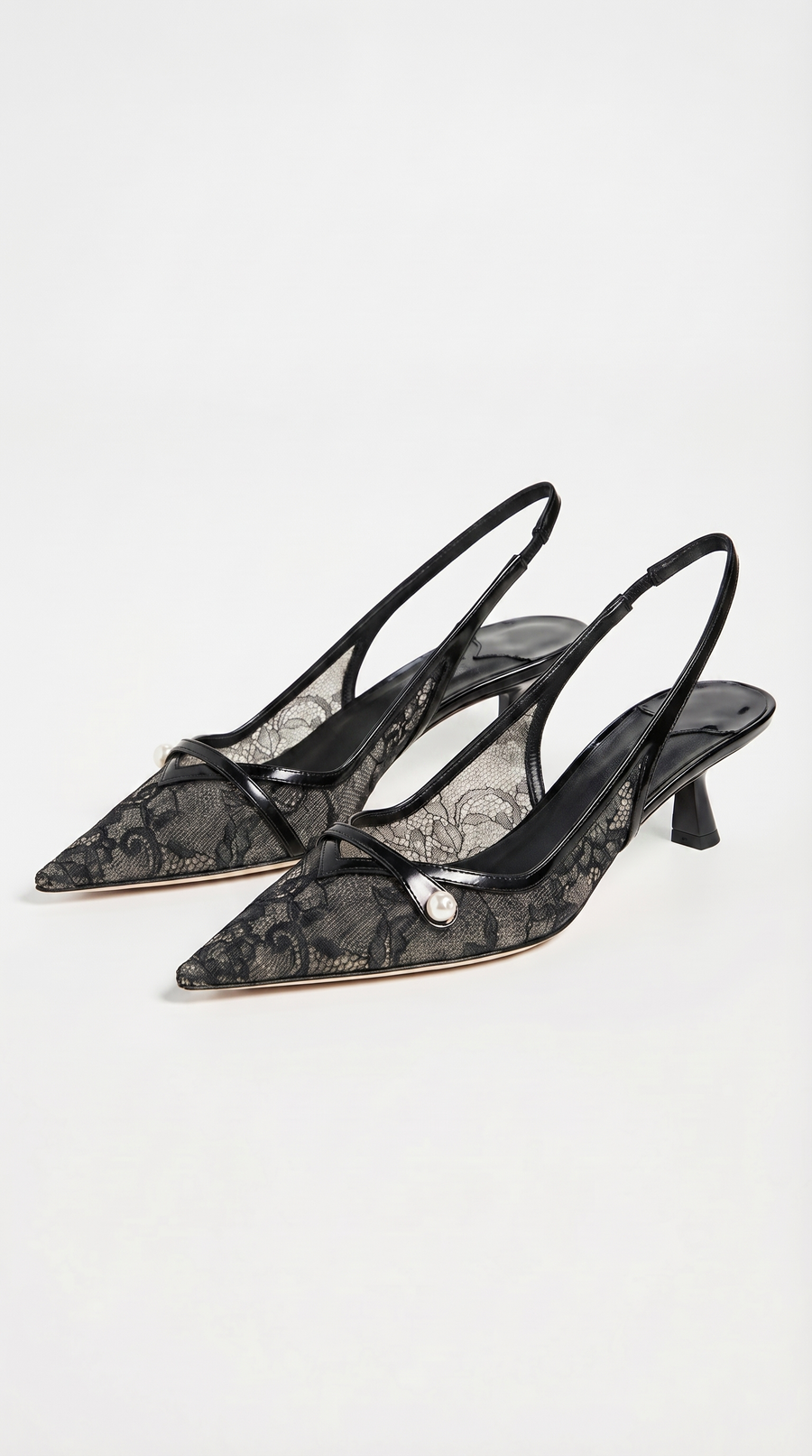 Camy - Lace-Paneled Pearl Slingback Kitten Heel Black
