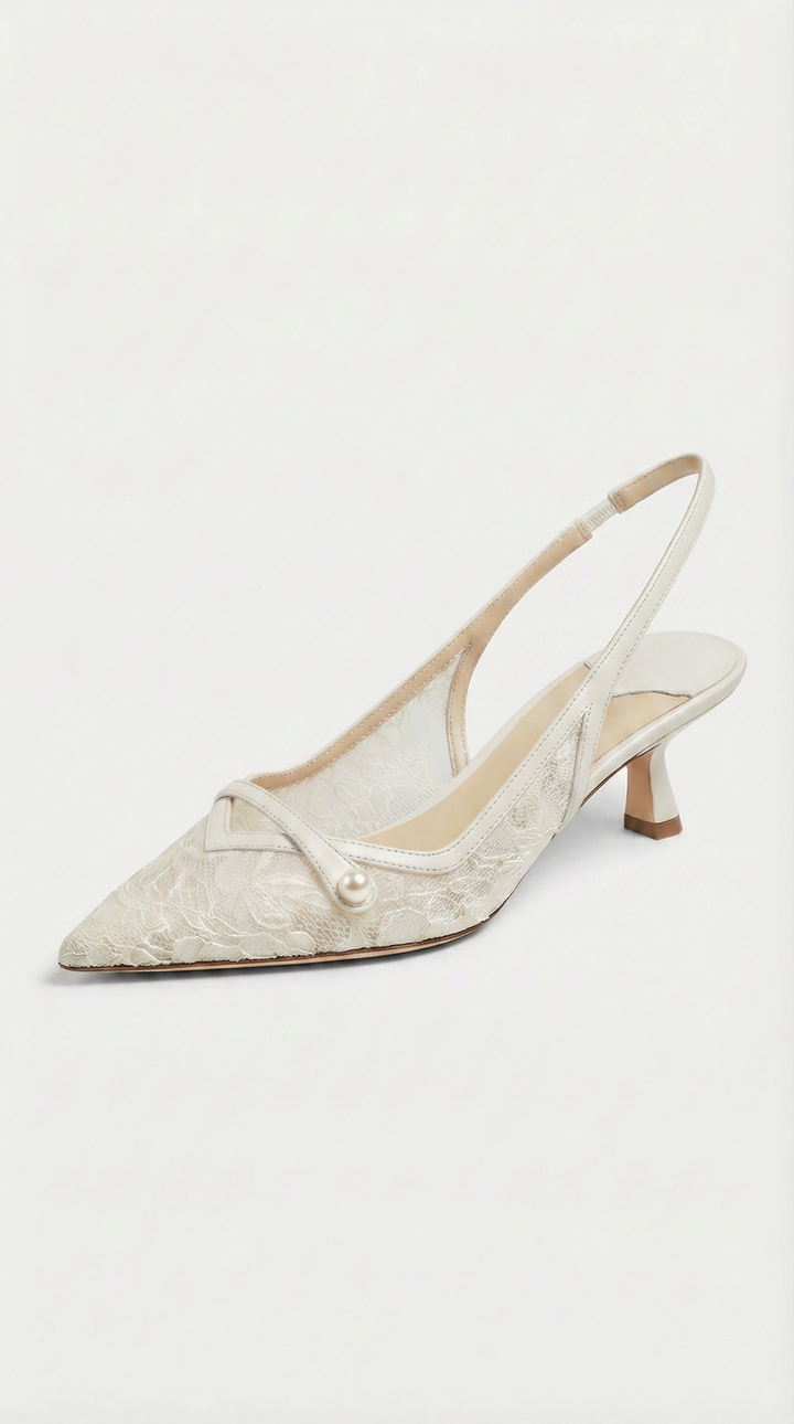 Camy - Lace-Paneled Pearl Slingback Kitten Heel White
