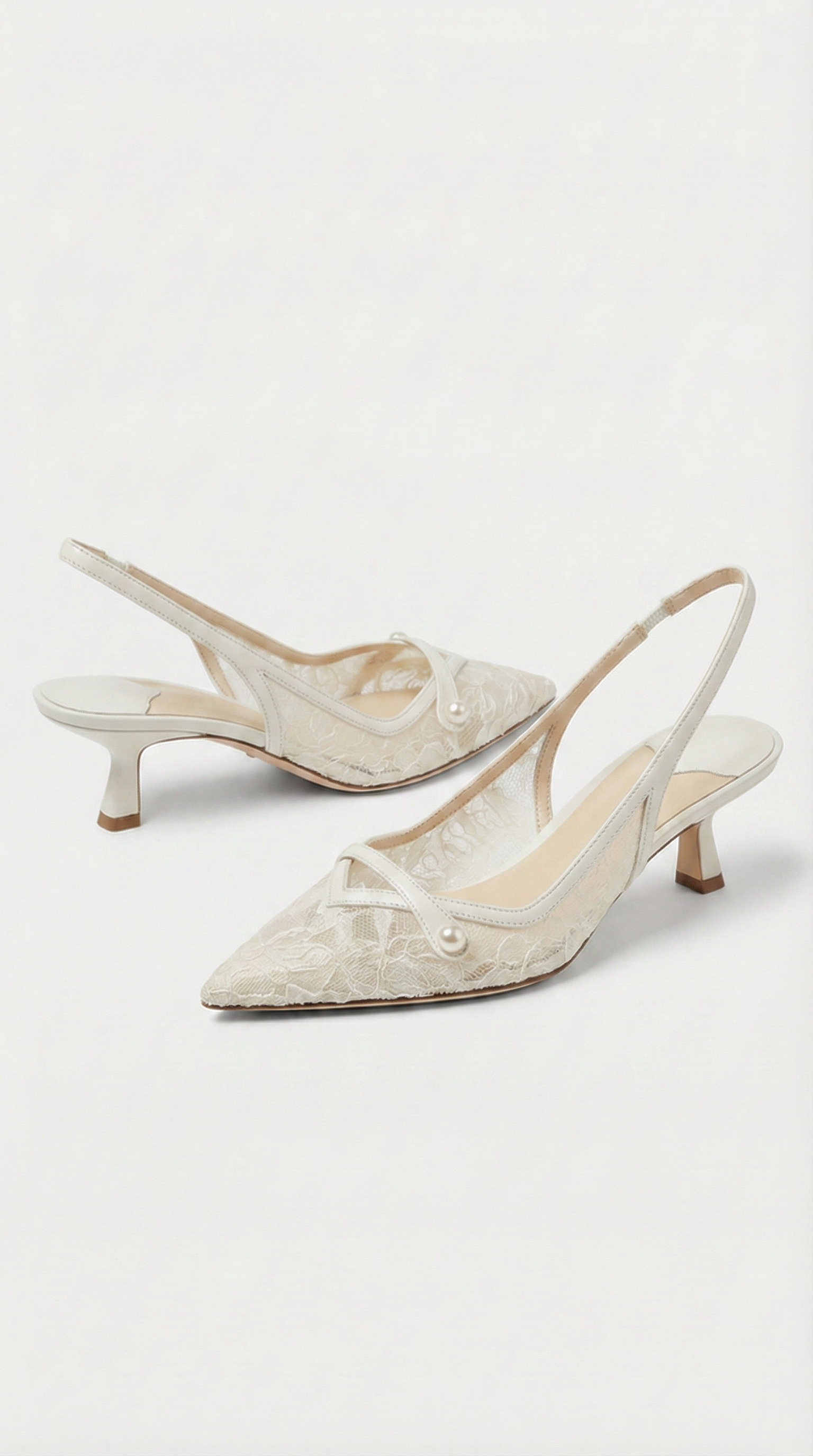 Camy - Lace-Paneled Pearl Slingback Kitten Heel White