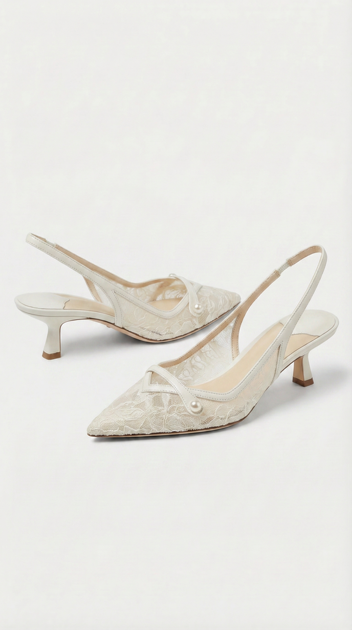 Camy - Lace-Paneled Pearl Slingback Kitten Heel White