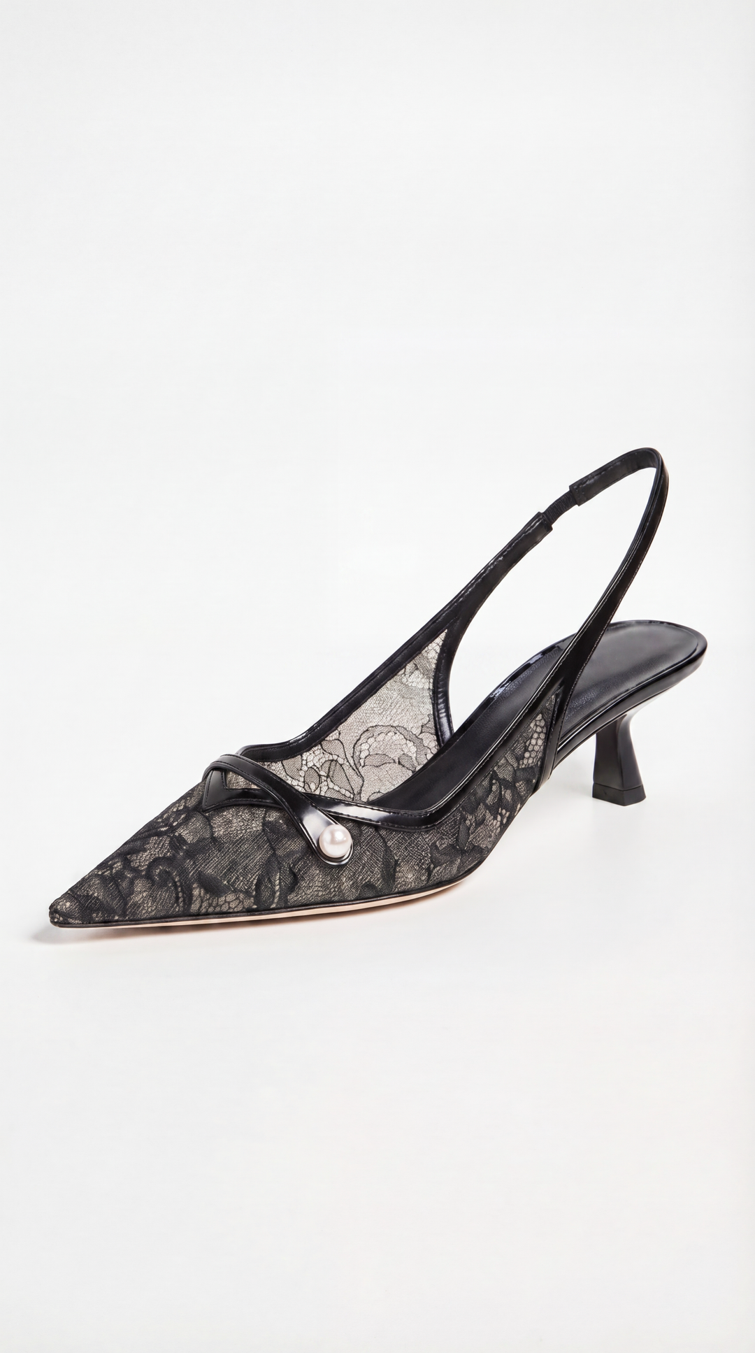 Camy - Lace-Paneled Pearl Slingback Kitten Heel Black