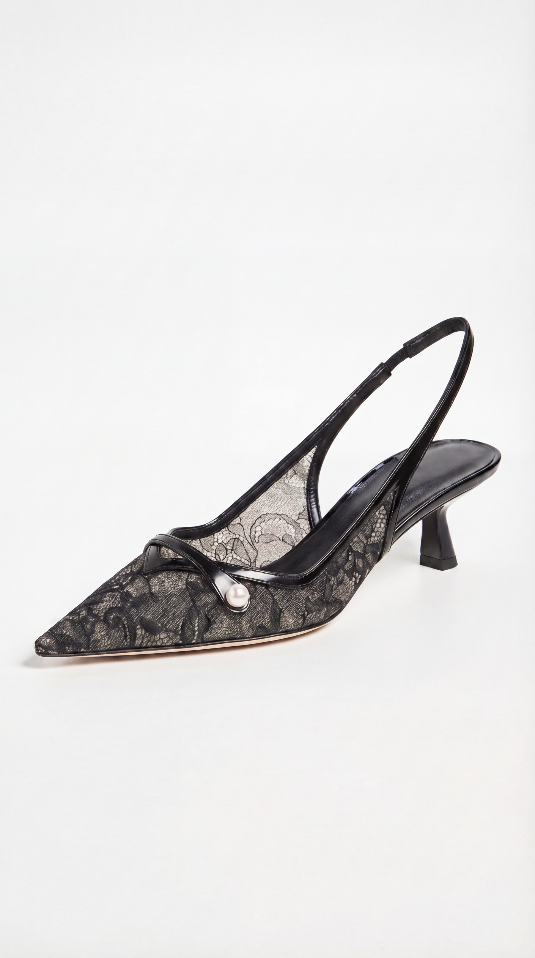 Camy - Lace-Paneled Pearl Slingback Kitten Heel Black