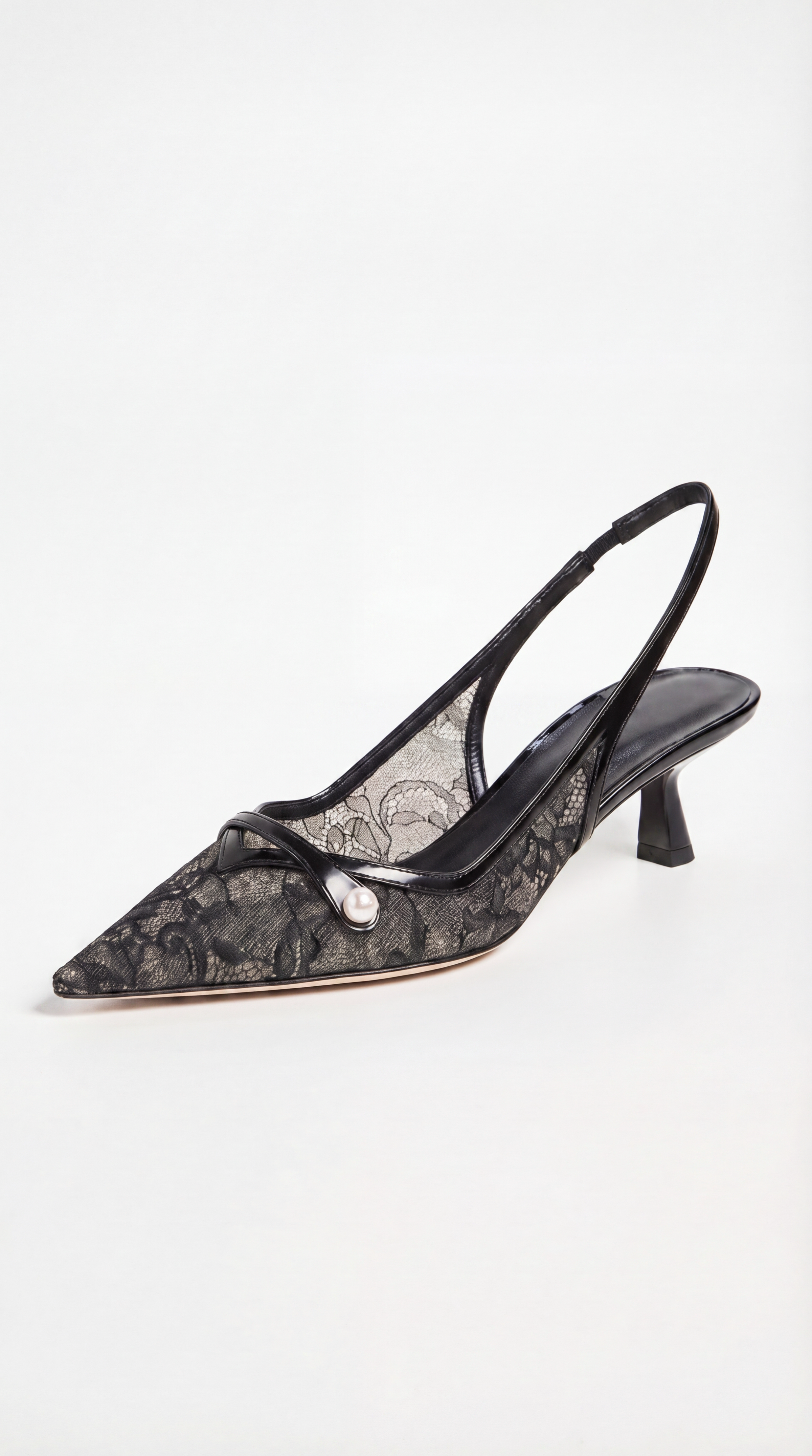 Camy - Lace-Paneled Pearl Slingback Kitten Heel Black