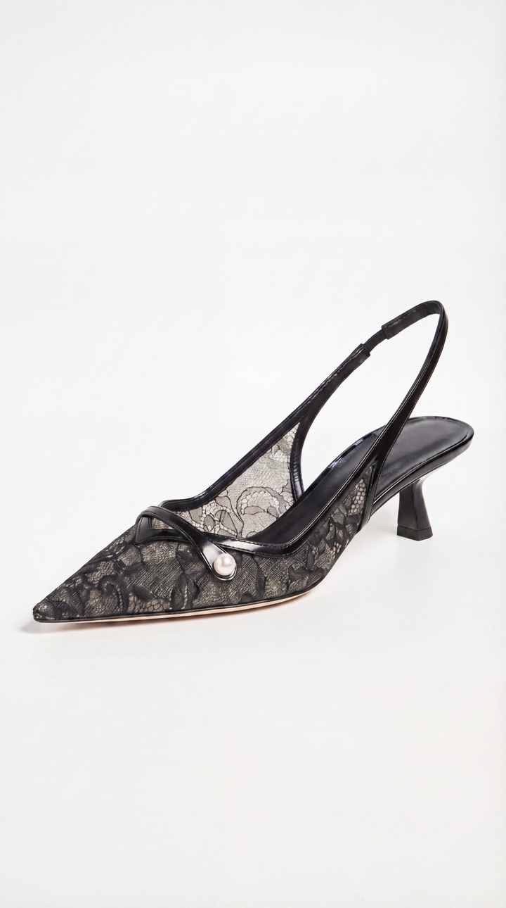 Camy - Lace-Paneled Pearl Slingback Kitten Heel Black