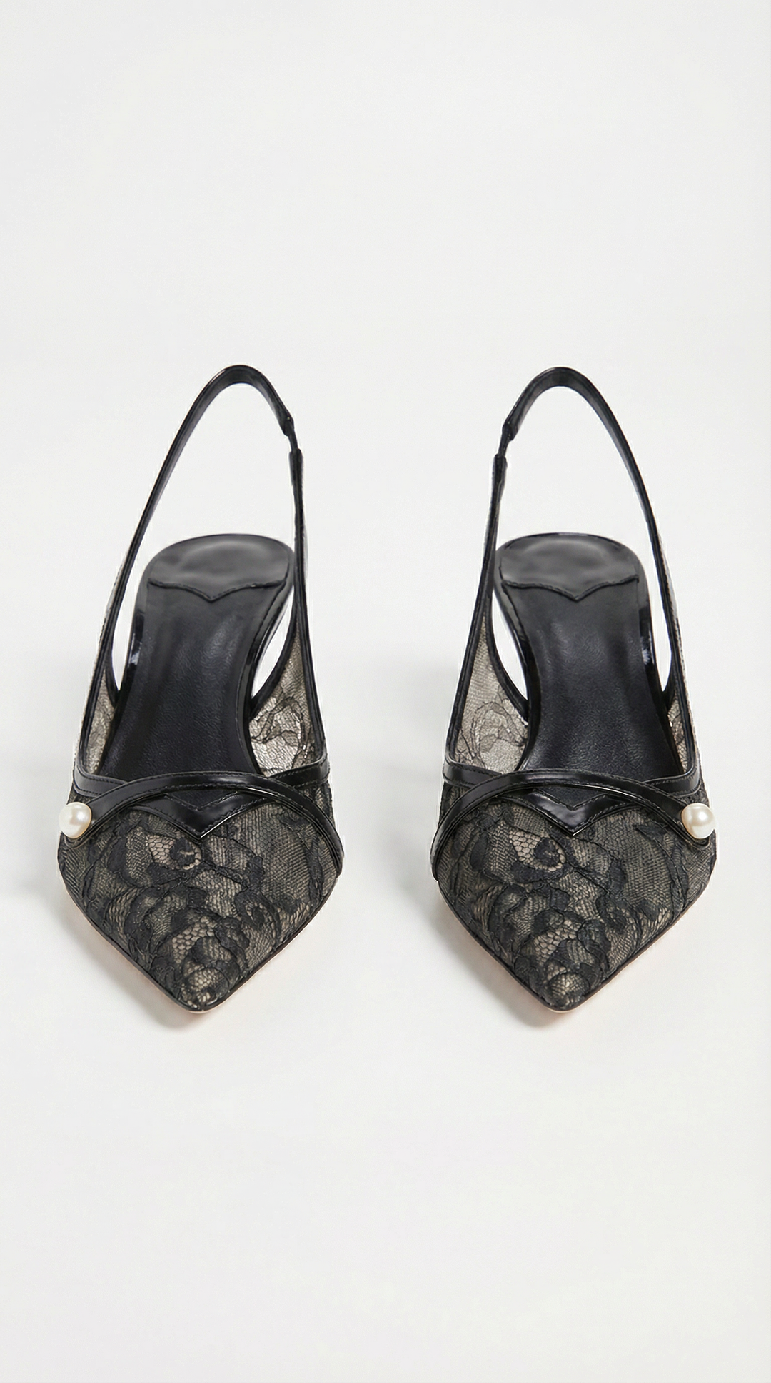 Camy - Lace-Paneled Pearl Slingback Kitten Heel Black